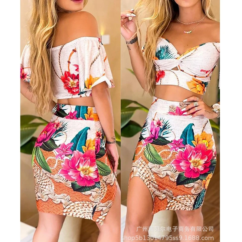 

WEPBEL Women's Sexy Floral Print Slim Fit Suit Summer Short Sleeve Slash Neck Strapless Top + High Waist Slit Skirt Suit