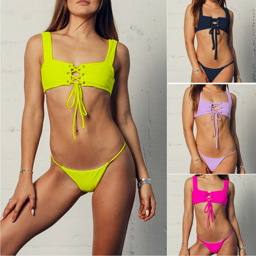 

2021 New Solid Color Swimsuit Sexy Drawstring Strap Bikini Retro Split Ladies Swimwear