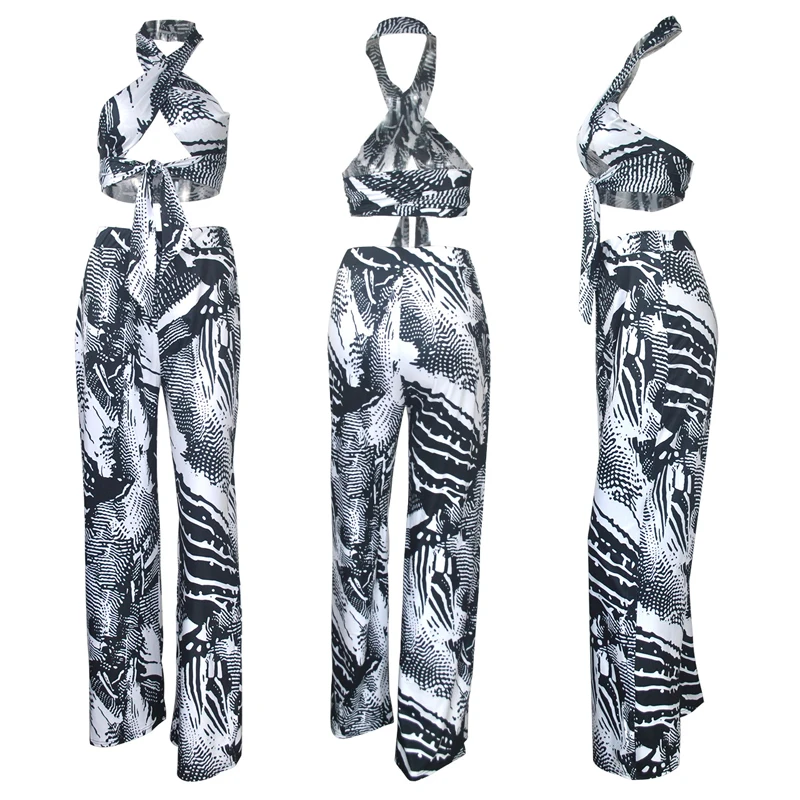 

Women Fashion High Waist Wide Leg Pants Two Piece Sexy Bandage Tube To &Elastic Waist Printed Pants Set Summer Casual Comfy Suit