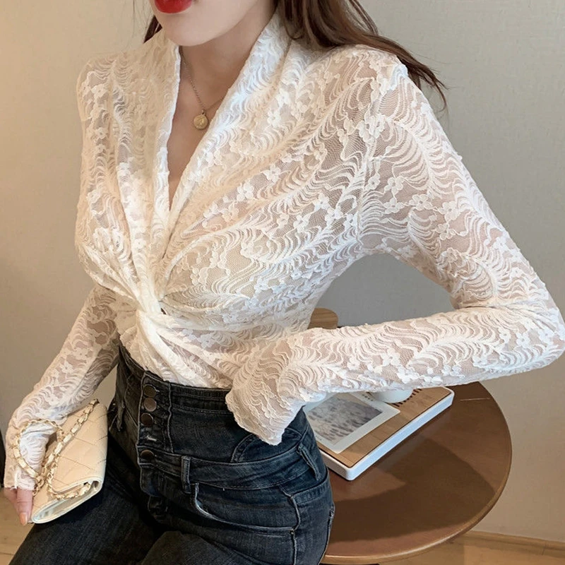 

Lady Shawl Camisa Lace Women V Neck Blusas Tight Sexy Shirt Female Elegant Long Sleeve Tops Twist Women Basic Streetwear Blouse