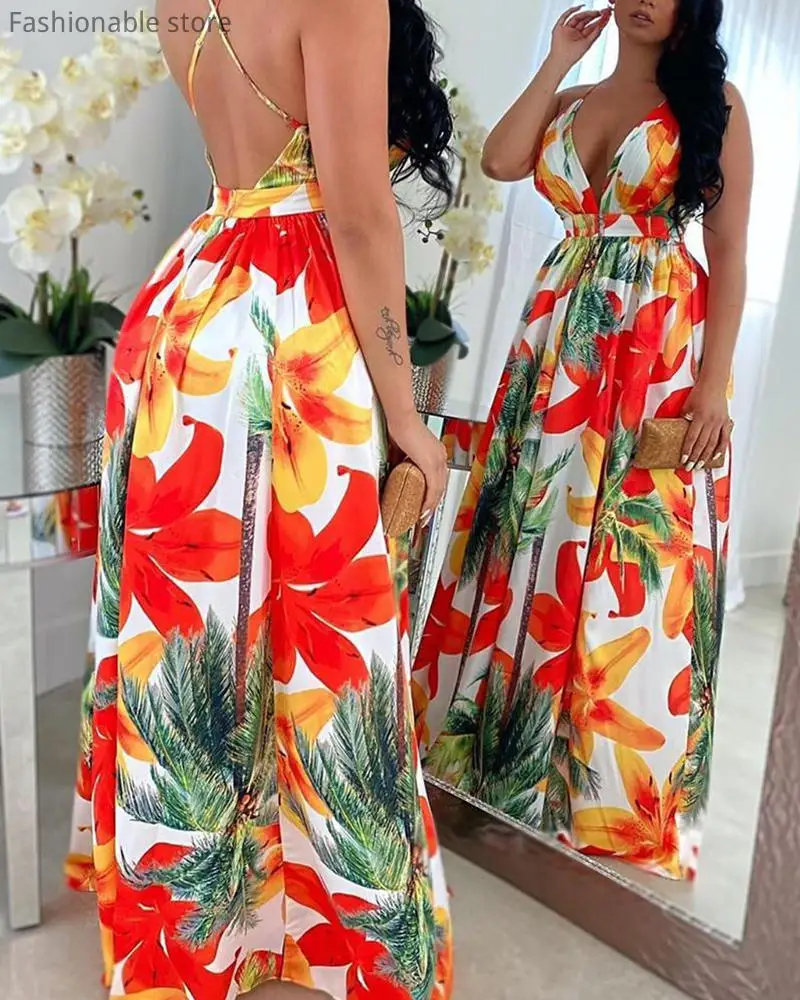 

Women Summer Chiffon Floral Print Beach Dress Sexy Vacation Sleeveless Backless Maxi Dress