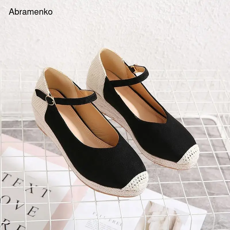 

Summer Sandals Women Ladies Retro Linen Canvas Wedge Round Toe Casual Flat Sandals For Girls Singles Black Shoes Size 35-41
