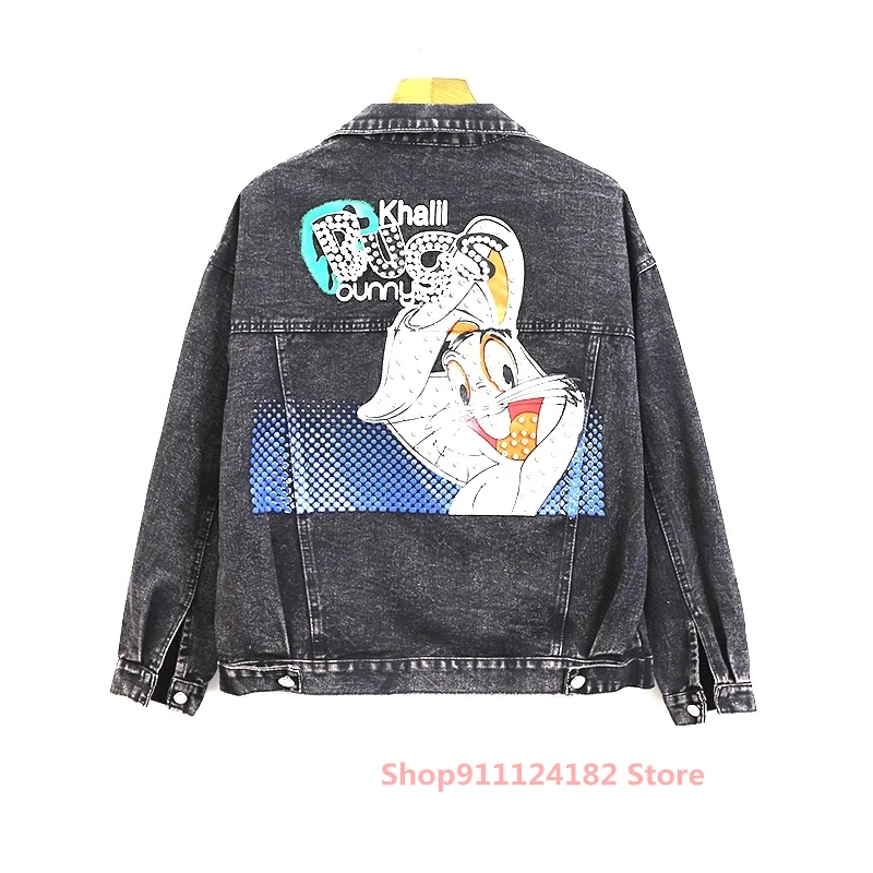 

Foreign Trade Beaded Diamond Letters Cartoon Denim Jacket 2021 Spring and Autumn New Korean Version Loose all-Match Jacket