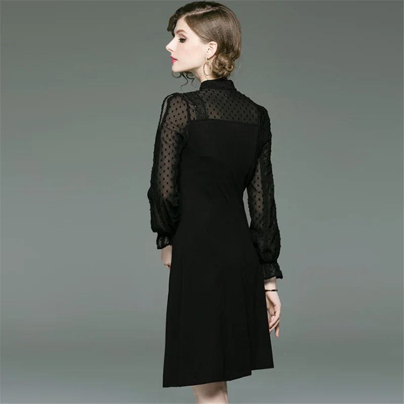 

2021 Spring Women's Derss Elegant Black Mesh Office Ladies Clothing Long Sleeved Bow Tie Desigh Vintage Midi Dresses for Women