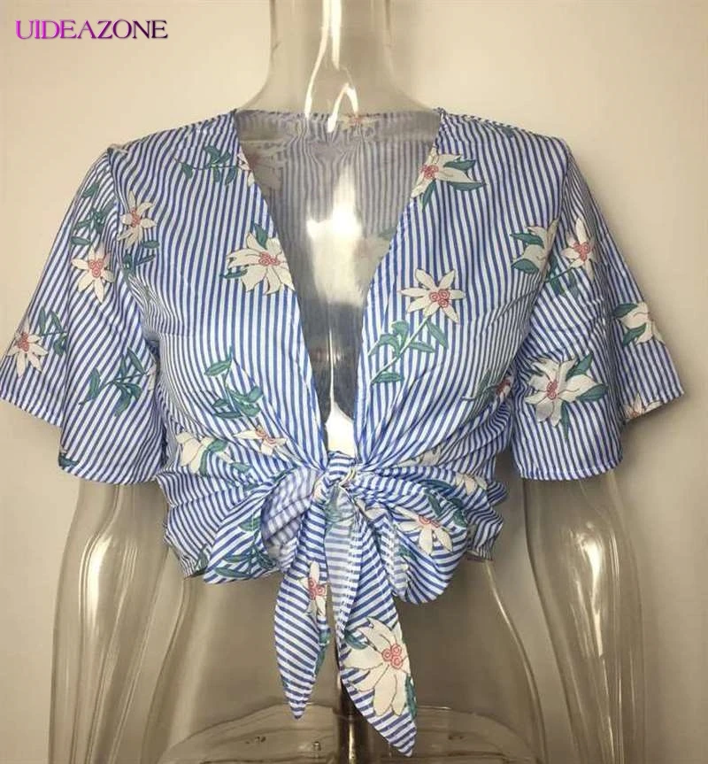 UIDEAZONE Модный женский летний укороченный топ с завязками сексуальный цветочным