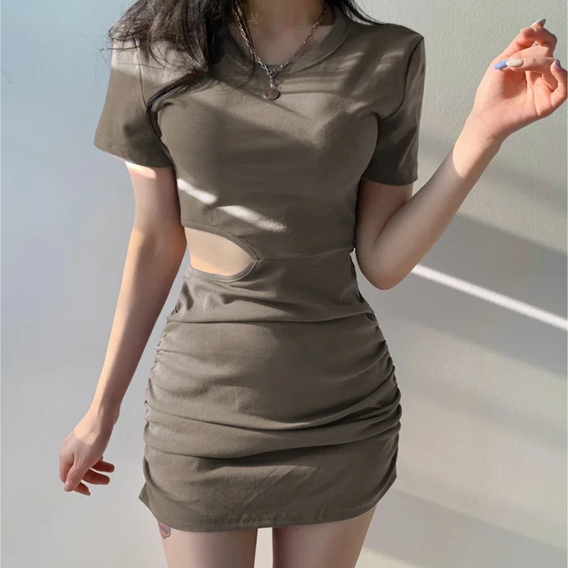 

WOMENGAGA Elegant 2021 Hot Sexy Korean Women Summer Open Waist Hollow Out T Shirt Mini Dress Fashion Simple Tops Dresses 0NFN