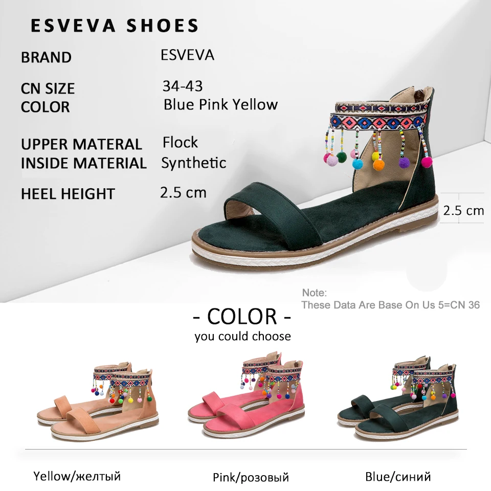 

ESVEVA 2018 Women Sandals Zipper Summer Shoes Ethnic Style Mixed Color Square Low Heels Round Toe Shoes Woman Size 34-43