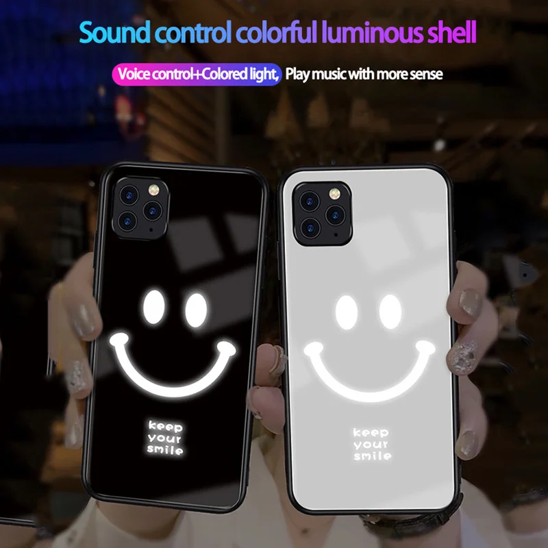

NEW Phone Case Voice-Activated Luminous Music Flash For iPhone12 Pro Max Shockproof Glass Protection Cover For Apple 8-11 Series