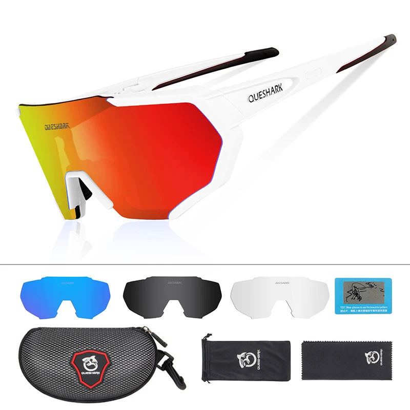 4 Lens White Red QUESHARK, дизайн, очки для велоспорта для мужчин и женщин,, полностью покрытые линзы, UV400, поляризационные, 3 или 4 линзы, всего - Цвет: 4 Lens White Red