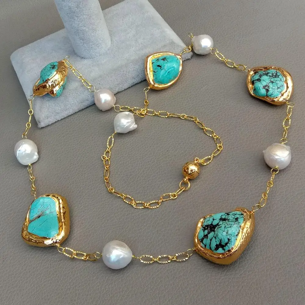 Ожерелье женское с жемчугом длинное колье белым покрытием из желтого золота в