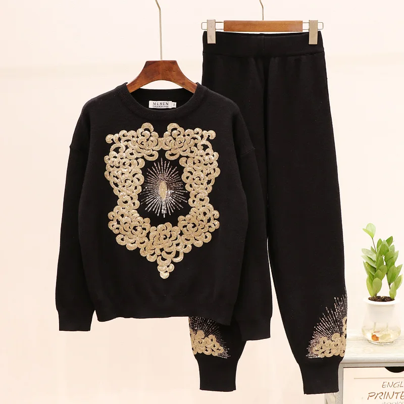 Комплект женских блестки с длинным рукавом вязаный свитер брюки Женский