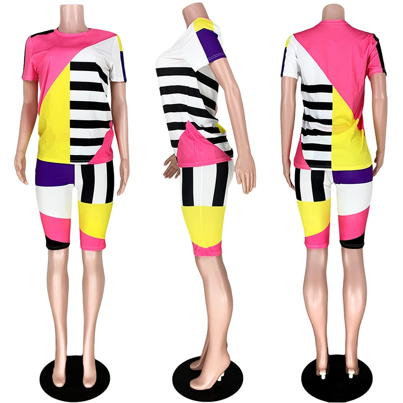 Adogirl Stripe Color Patchwork Two Piece Set Short Sleeve T Shirt Top Shorts 2020 Summer Women Casual Tracksuit Home Suit S-3XL |