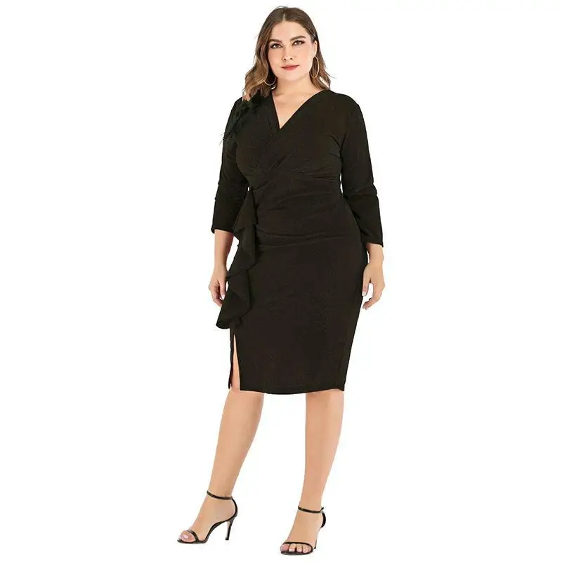 Платье женское длинное с V-образным вырезом и оборками большого размера | Женская