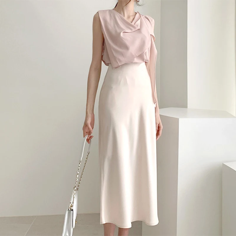 

2021 Элегантная атласная юбка с высокой талией, Женская Повседневная трапециевидная шелковая облегающая юбка средней длины на лето и осень