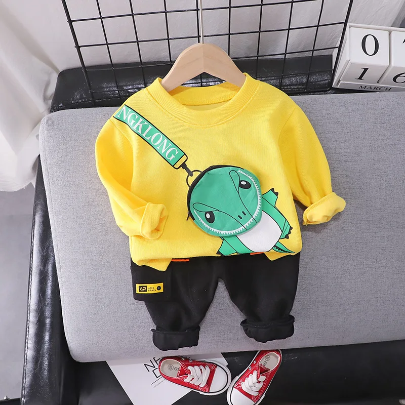 

New Autumn Spring Baby Boys Fashion Clothes Sets Kids Infant Cartoon Dinosaur Satchel Sweatershirt+Tooling Pants 2Pcs/sets