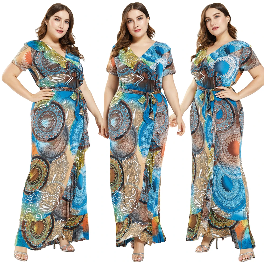 

2021 Летнее Длинное Платье размера плюс в богемном стиле длинное кафтан мусульманских женщин короткий рукав Абая Дубайский кафтан турецкий х...