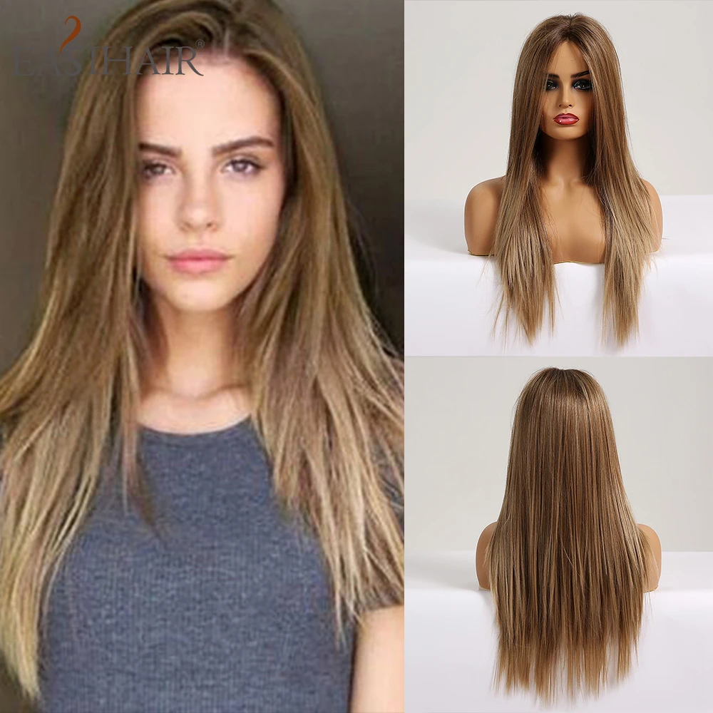 EASIHAIR длинные шелковистые прямые коричневые светлые кружевные передние парики с детскими волосами высокая плотность термостойкие синтетические парики для женщин - Цвет: BL66006