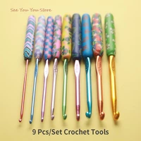 top 9pcs colorful ceramic handle alumina crochet hooks knitting needles set tool