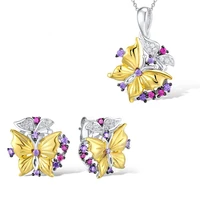 new wedding exquisite jewelry set two tone gold cubic zircon butterfly pendant choker chain necklace stud earrings set for women
