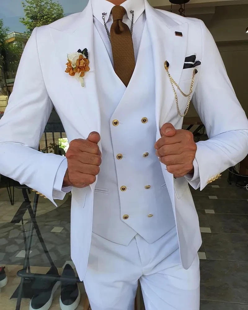 

Custom Made High Quality White Peak Lapel Single Button Suit For Work Grooms Wedding 3 Pieces Prom Party Evening Wear