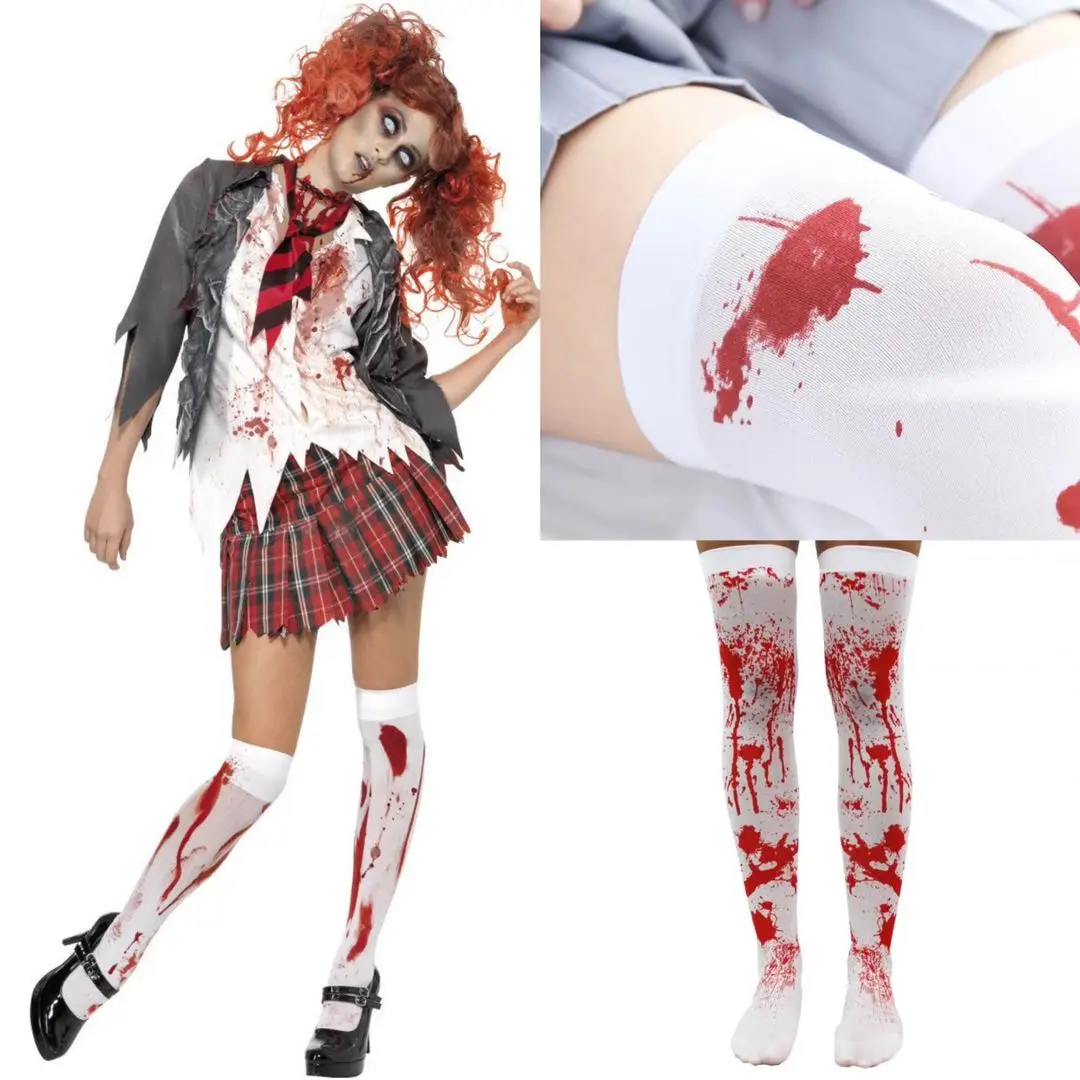 

Хэллоуин Медсестра тема Маскарад косплей костюм аксессуары череп скелет потечь чулки сексуальные женщины до колена длинные носки зомби