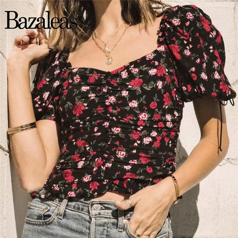 Bazaleas шикарный красный цветочный принт женский короткий топ рубашка винтажная