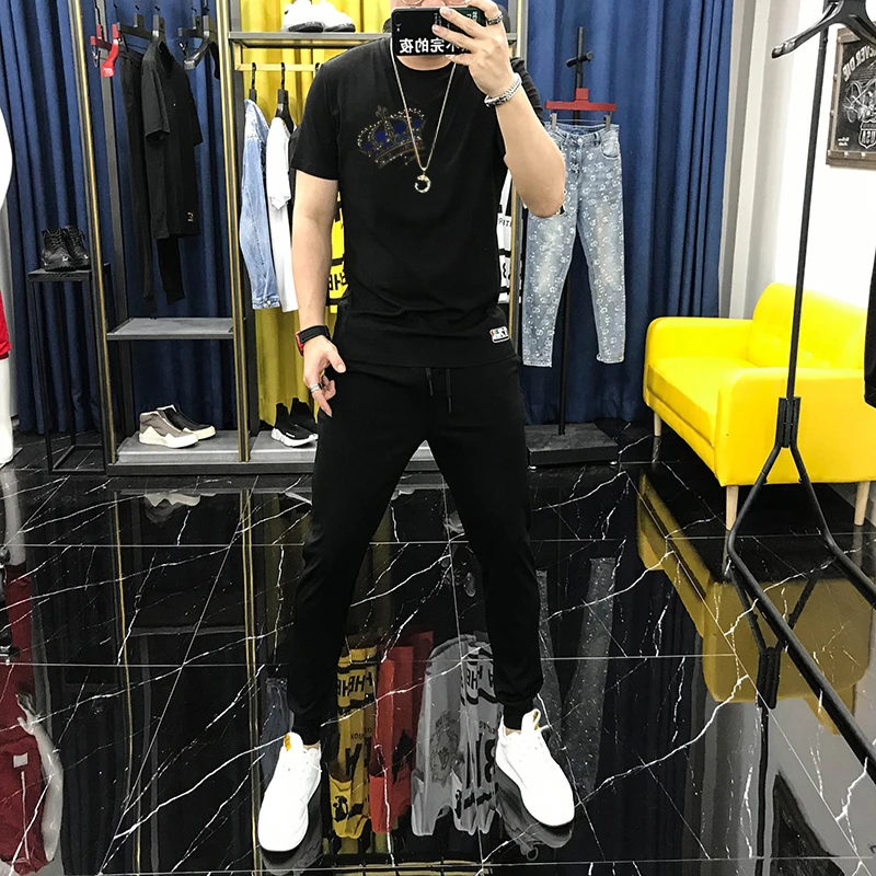 

Harajuku Black Tracksuit Hot Diamond Crown Cotton Sportswear Men's Suit Casual Loose Couple T-Shirt Sweatshirt And Pants