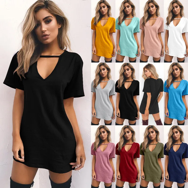 2020 Summer New Fashion Long T Shirt Women Sexy Choker V Neck T-shirt Casual Solid Short Sleeve Shirts Ladies Tops Camiseta