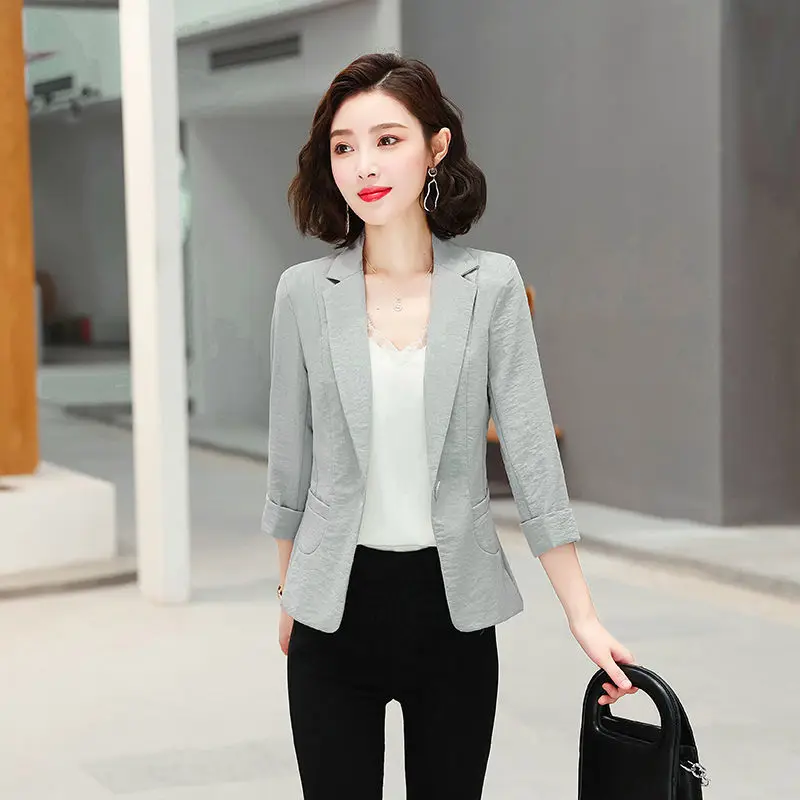 

Cotton Linen One Piece Blazers Women Three Quarter Sleeves Big Size 4XL Slim Vintage Suit Outwear Summer Casual Basic Solid Coat