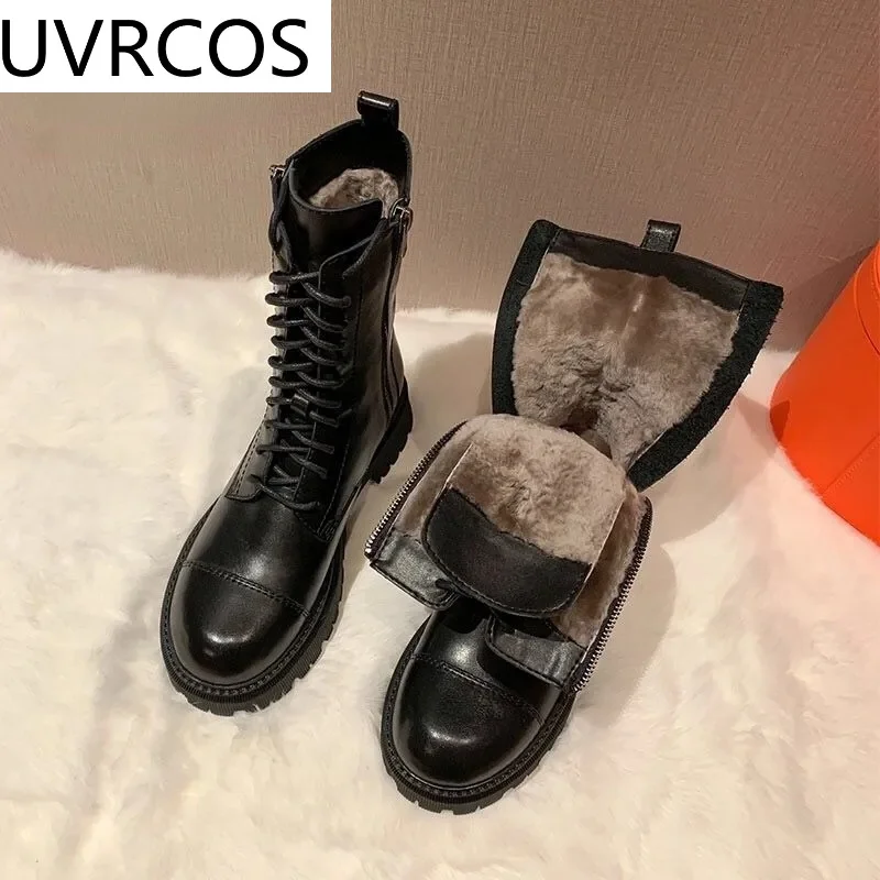 

New Winter Boots Women Shoes Black Ankle Boots Platform Gothic Booties Leather Fur Boots Plush Warm Botas Fashion Designer 2022