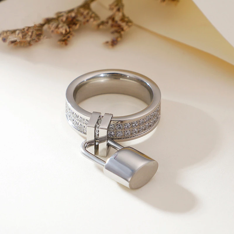 

Stainless Steel Lock Shaped Charm Women Rings Size 6-9 Cubic Zircon Finger Rings Lovers Wife Anniversary Day Gifts