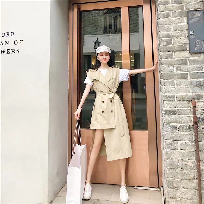 Осень 2020 Новый асимметричный плащ без рукавов в британском стиле Женский Длинный