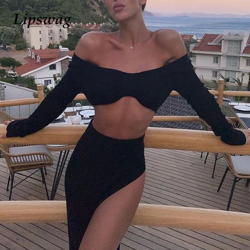 

Autumn Sexy Off Shoulder Crop Tops+Skirts Outfits Solid Bow Long Sleeve Knitted 2Pc Set Spring Women High Slit Skirt Beach Suits