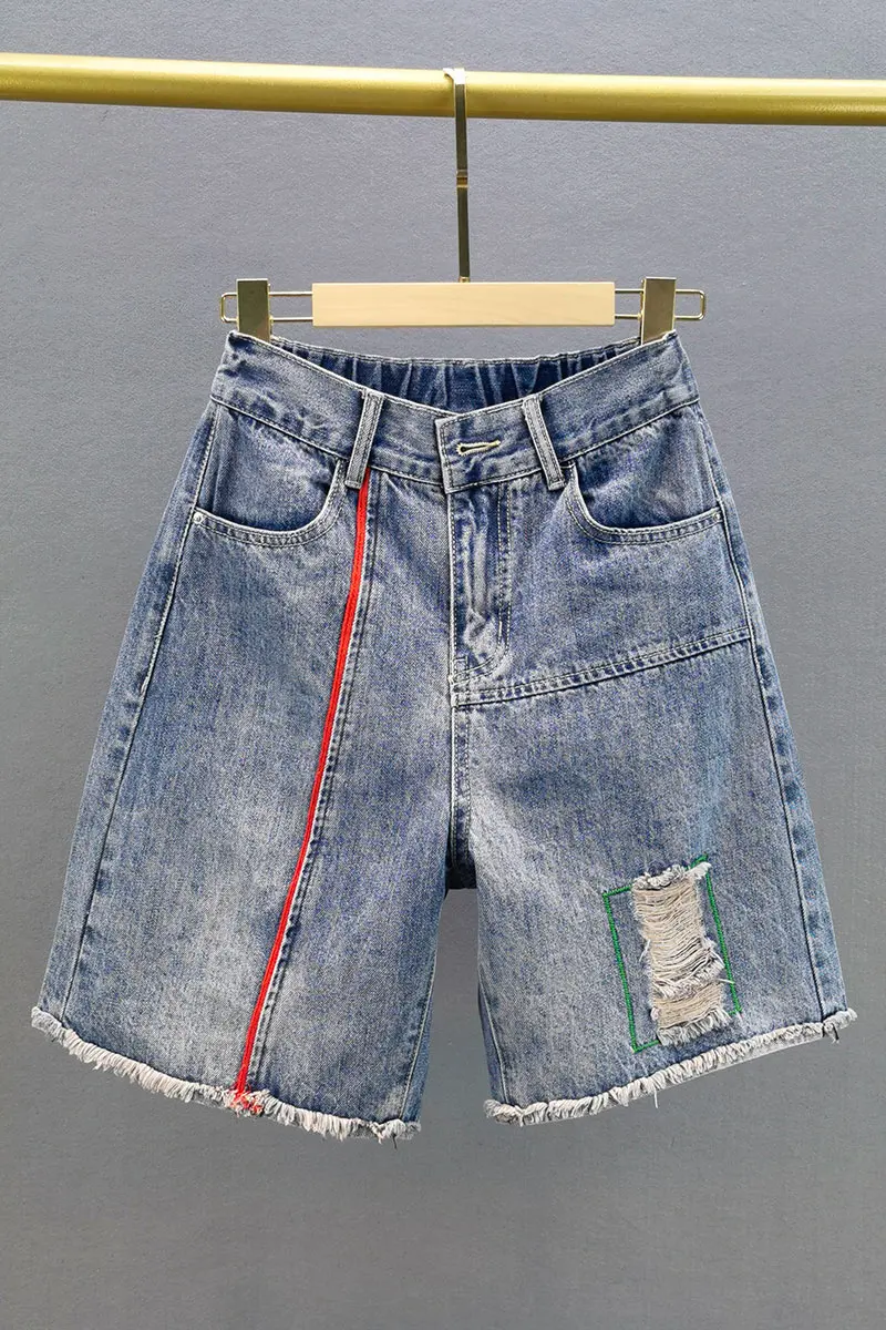 

Ripped Denim Shorts Women's Thin 2021 Summer New High Waist Half Trousers Loose and Slimming Wide-Leg Jeans Pants Breeches