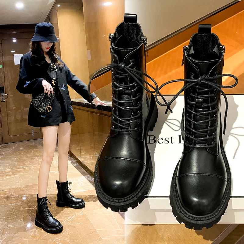 

Женские мотоциклетные ботинки на плоской подошве, черные кожаные ботинки на платформе и высоком каблуке, на шнуровке