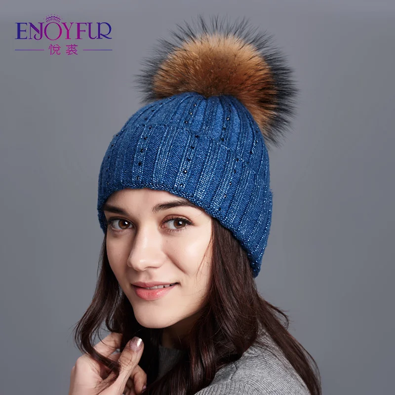 ENJOYFUR модная зимняя женская шапка из меха енота с помпоном Женская кашемировая вязаная шапка со стразами остроконечная шапка для девочки - Цвет: 24D