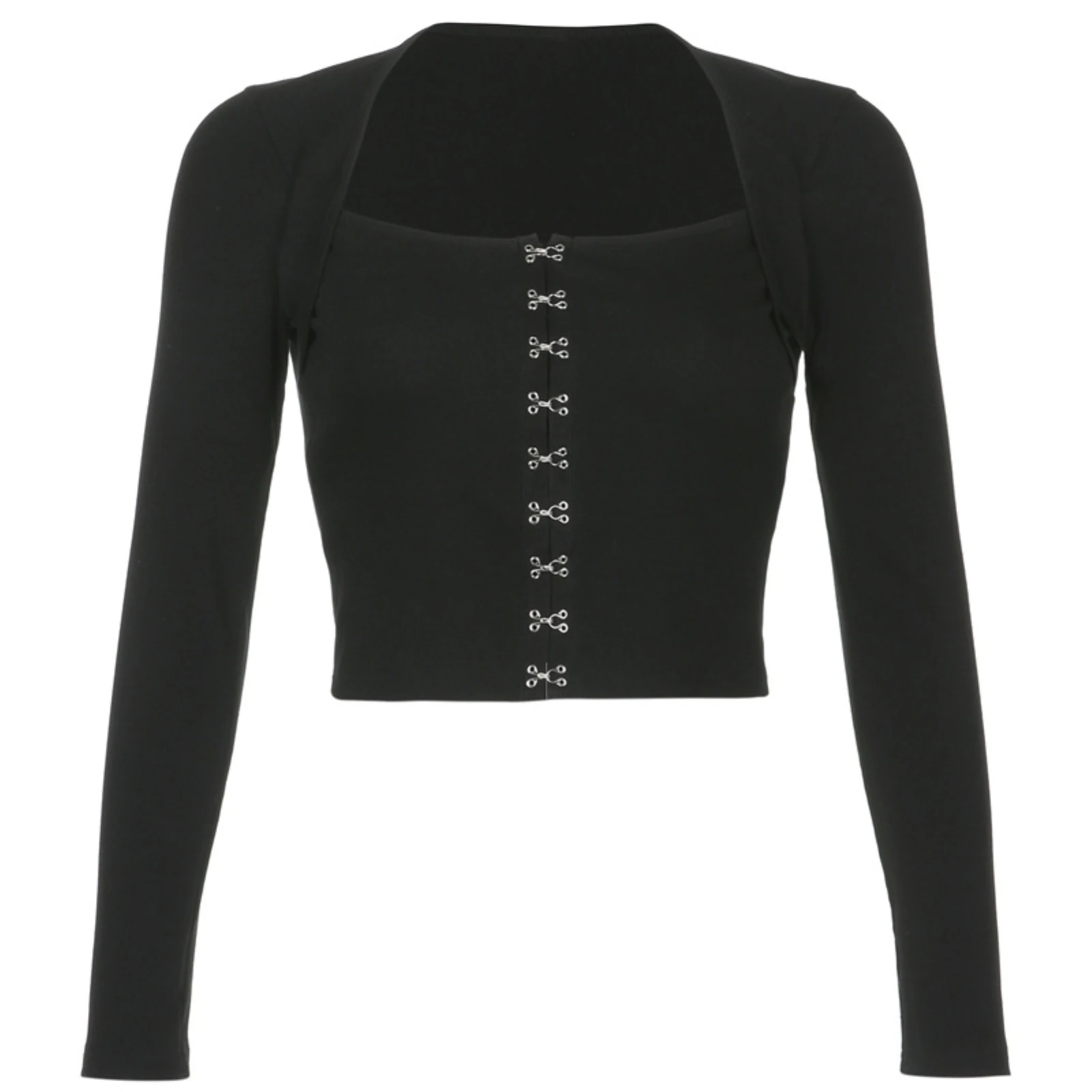 

Women Fashion Solid Color Long Sleeve Single-breasted Blouse Buckles T-shirt Top