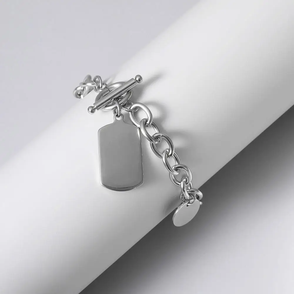 

IngeSight.Z Stainless Steel Toggle Lasso Bracelets Simple Minimalist Sequins Square Pendant Bracelets Bangles Women Men Jewelry