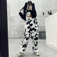 cow print bodysuit for women black white plaid overalls loose hip hop harajuku girl casual jumpsuit autumn trousers baggy pants