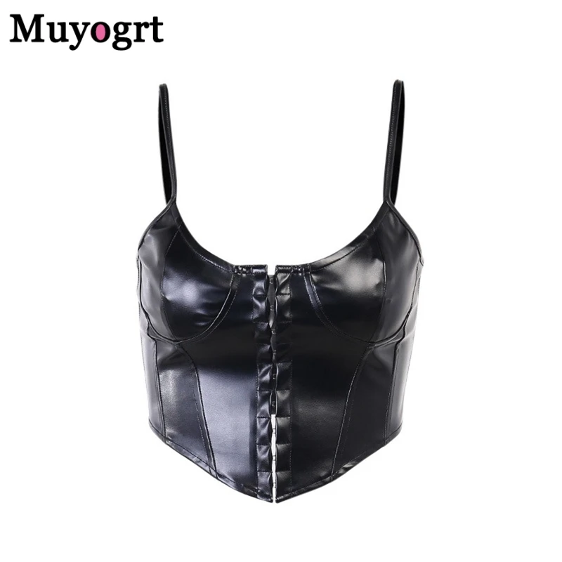 

Muyogrt Women's leather Corset Sexy Black PU Leather top Bustier Crop Top Fashion Lady Sleeveless Strap Camis Clubwear Summer