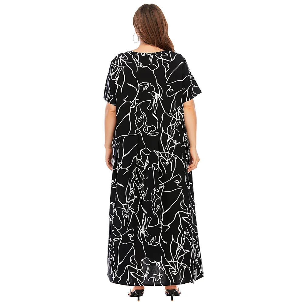 

4XL 5XL Plus Size Dress Women Summer Short Sleeve Geometric Print Ruffles Casual Dress Black Loose Oversized Maxi Long Dresses