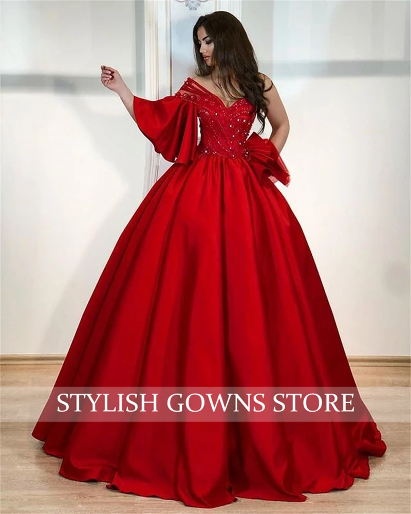 Red One Shoulder Beading Evening Dresses 2021 Ruffles Party Prom Dress For Women Elegant Robe De Soiree