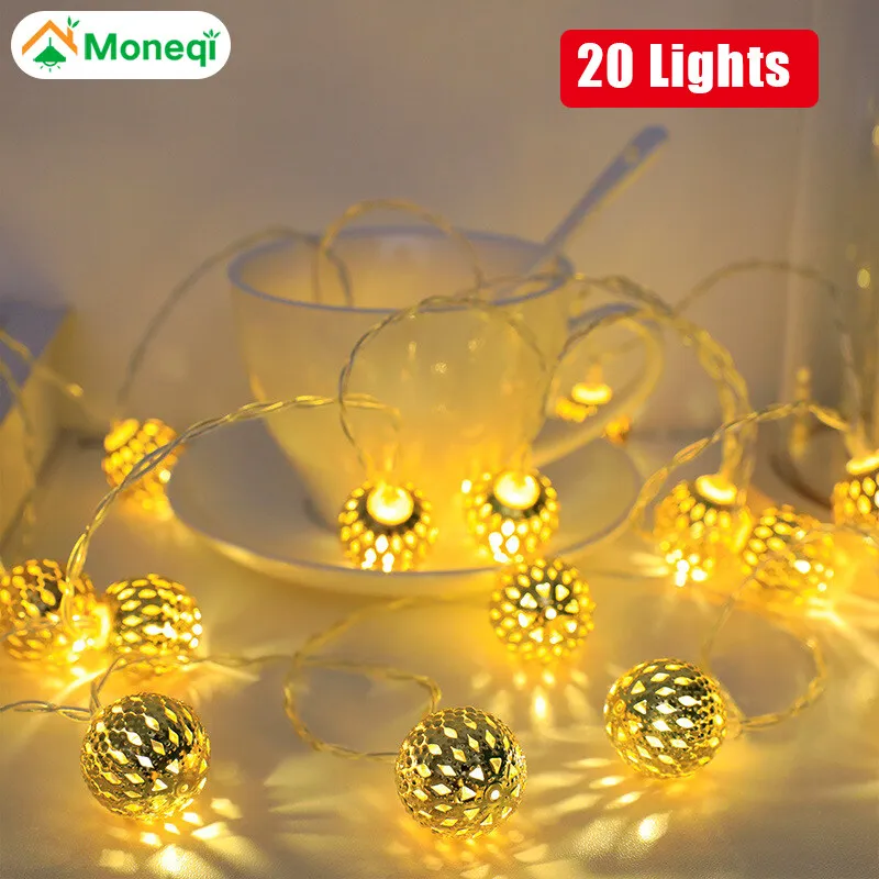 

Moneqi Battery Powered Moroccan Ball Lamp String LED Wrought Iron Metal Hollow Out Ball String Fairy Light 1.5/3 Meter 10/20LED