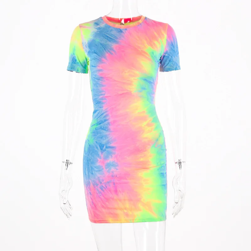 

Zoctuo New Women Club Dresses O-Neck Tie Dyeing Print Bodycon Summer Mini Dress Casual Short Sleeve Dresses for Women Party