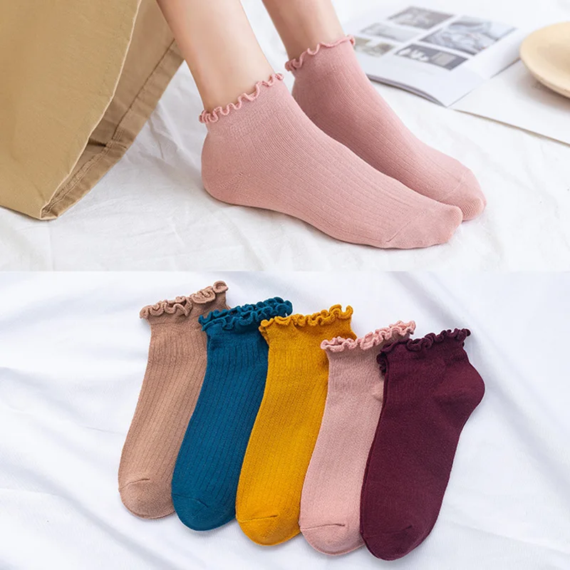 

Носки женские кружевные короткие 5 пар, хлопковые Роскошные Дизайнерские, в японском стиле, однотонные, летние дышащие