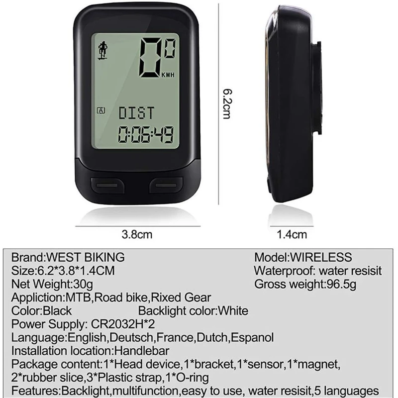 

WEST BIKING Bike Computer,18 Functions Bike Wireless Bicycle Speedometer Waterproof Lcd Display Cycling Odometer Speedometer