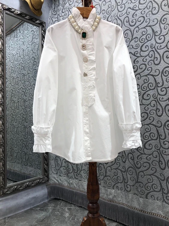High Quality Cotton Shirts 2022 Spring Summer Hot Sale Blouse Women Beading Deco Ruffle Long Sleeve Casual Loose White Shirts
