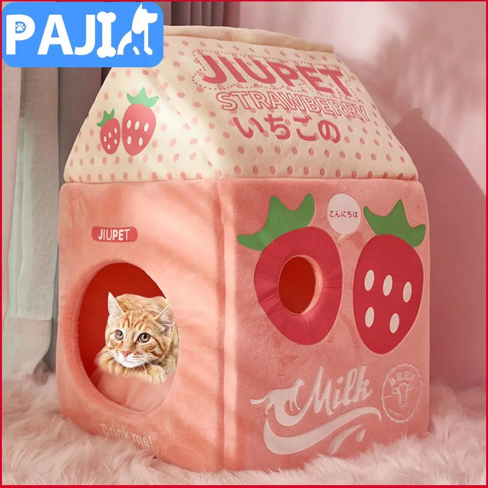 

Cat House Cute Washable Cat Cave Cat Bed Soft Sofa Tent Strawberry Banana Milk Cat Lounger Cushion Pet Plush Bed Cat Supplies