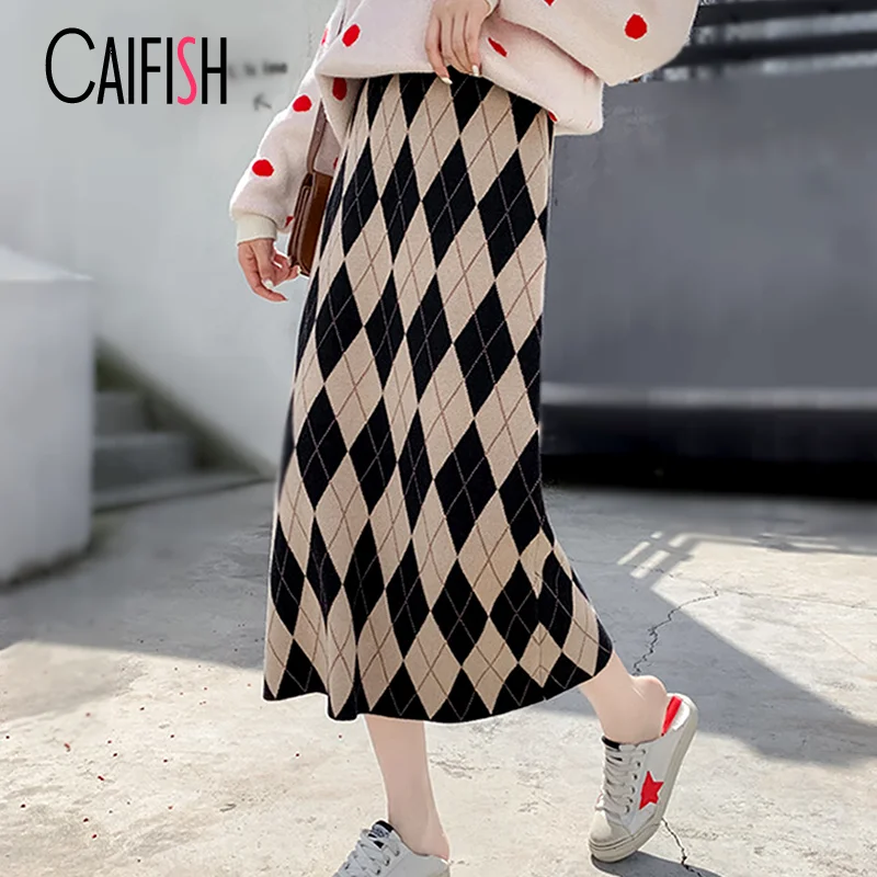 

CAIFISH Knitted Long Maxi Skirt Women Autumn Winter Korean Fashion Skirts All-match A Line High Waisted Midi Plaid Skirt QT1362