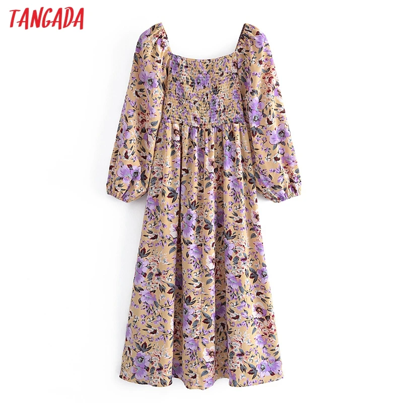 

Tangada 2021 Fashion Women Flowers Print Long Dress Puff Long Sleeve Square Collar Ladies Vintage Dress 3A184